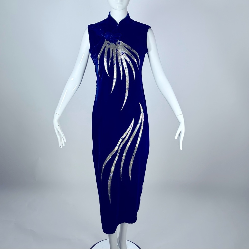 60’s Cheongsam Chinese Dress Midi Sleeveless Velvet Glitters Size M-L